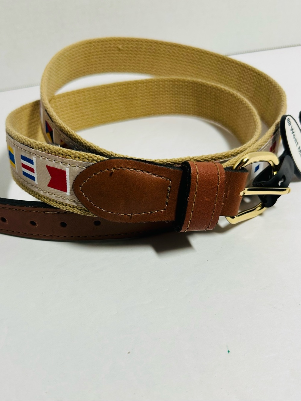West Marine Sailing Code Flag Ribbon Belt Buff Canvas & Leather Size 46 NWT